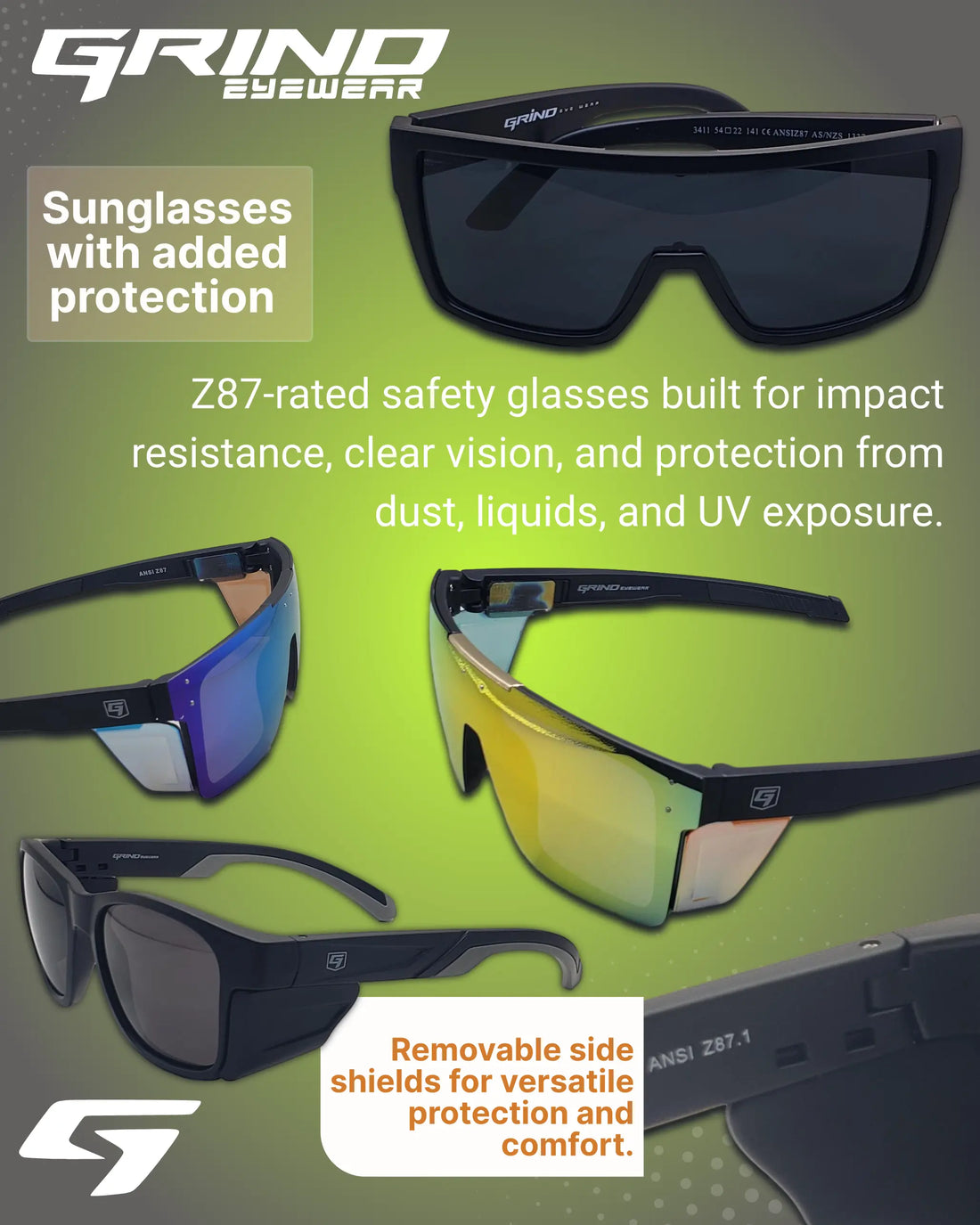 ANSI Z87 rated safety sunglasses.