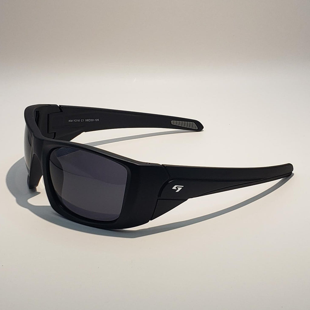 Black sunglasses with a brand logo on a light gray background