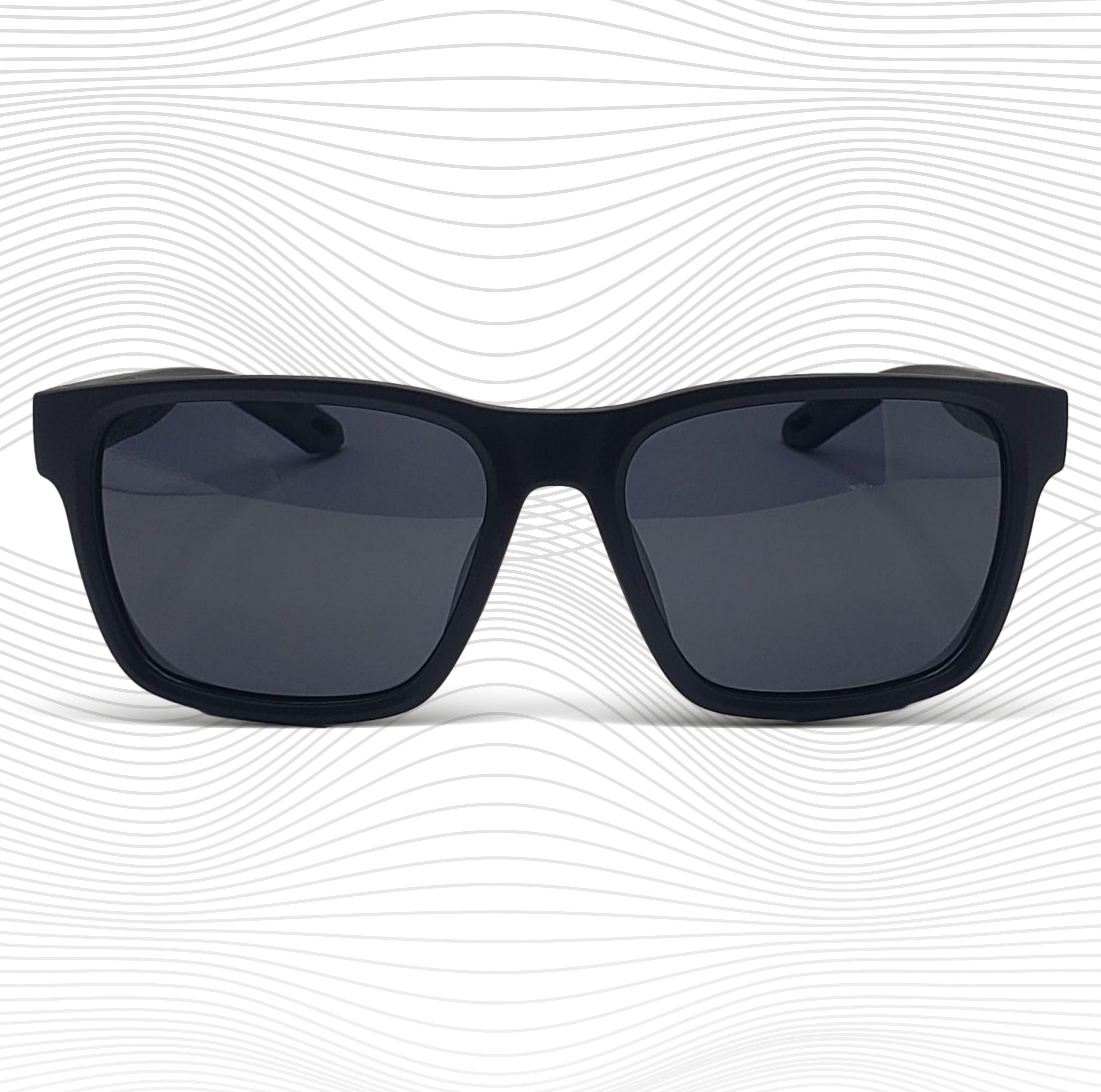 Black sunglasses with dark lenses on a white background